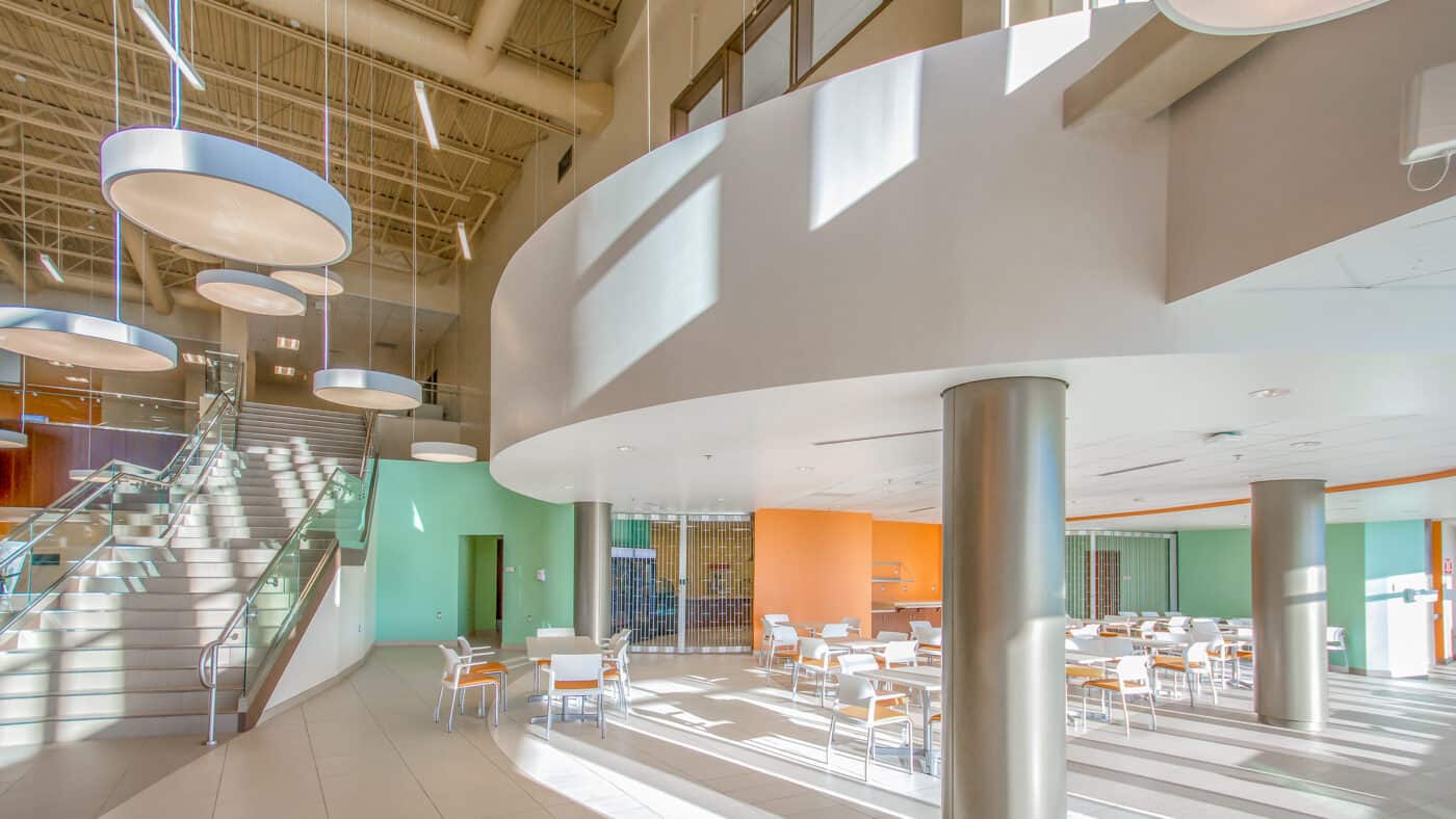 Five Hills Health Region Hospital Interior Gathering Area and Stairs filled with Light