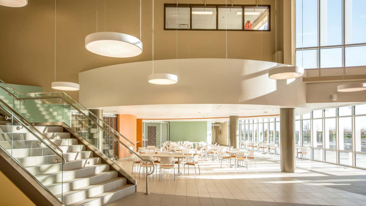 Five Hills Health Region Hospital Interior Gathering Area and Stairs with Views