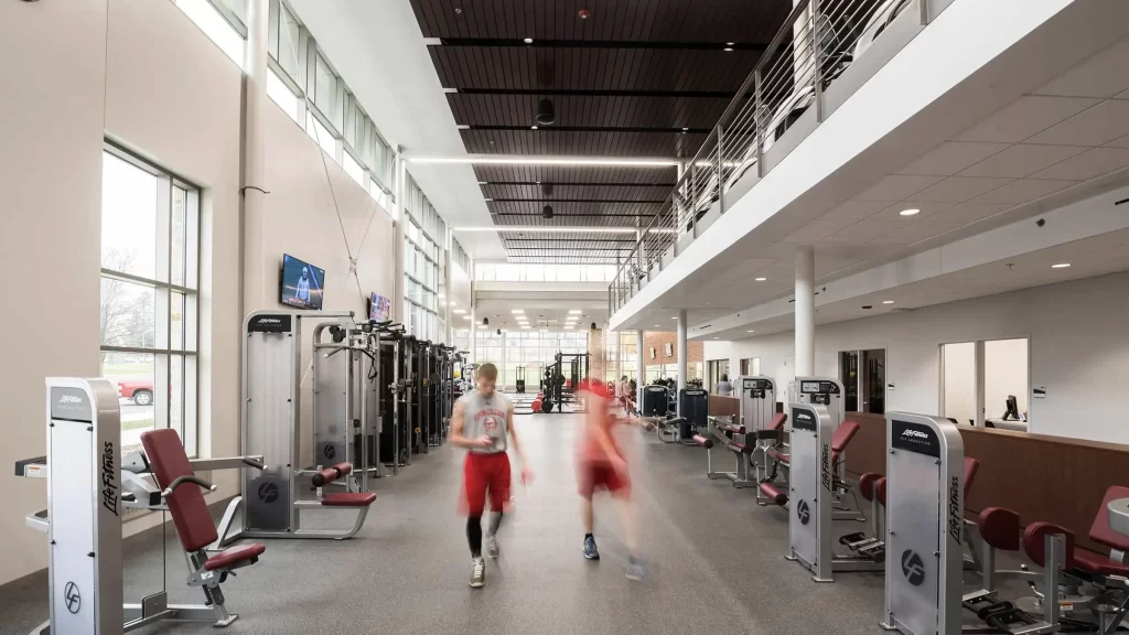 Ripon College - Athletic & Wellness Center Interior Fitness Equipment Area with Mezzanine with Additional Fitness Equipment