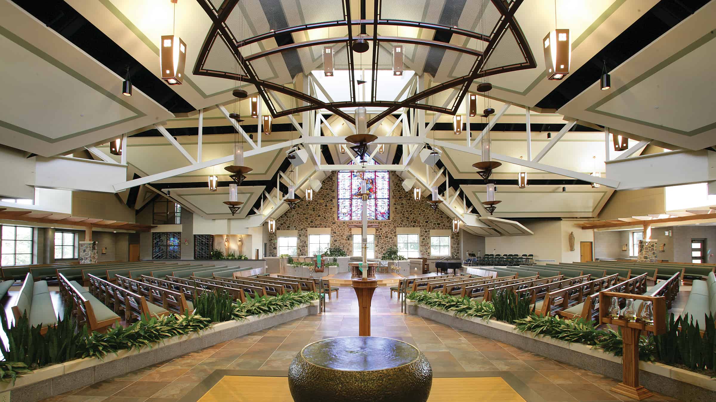 St. Paul's Catholic Church with View of Altar, Seating and Church Interior Ceiling