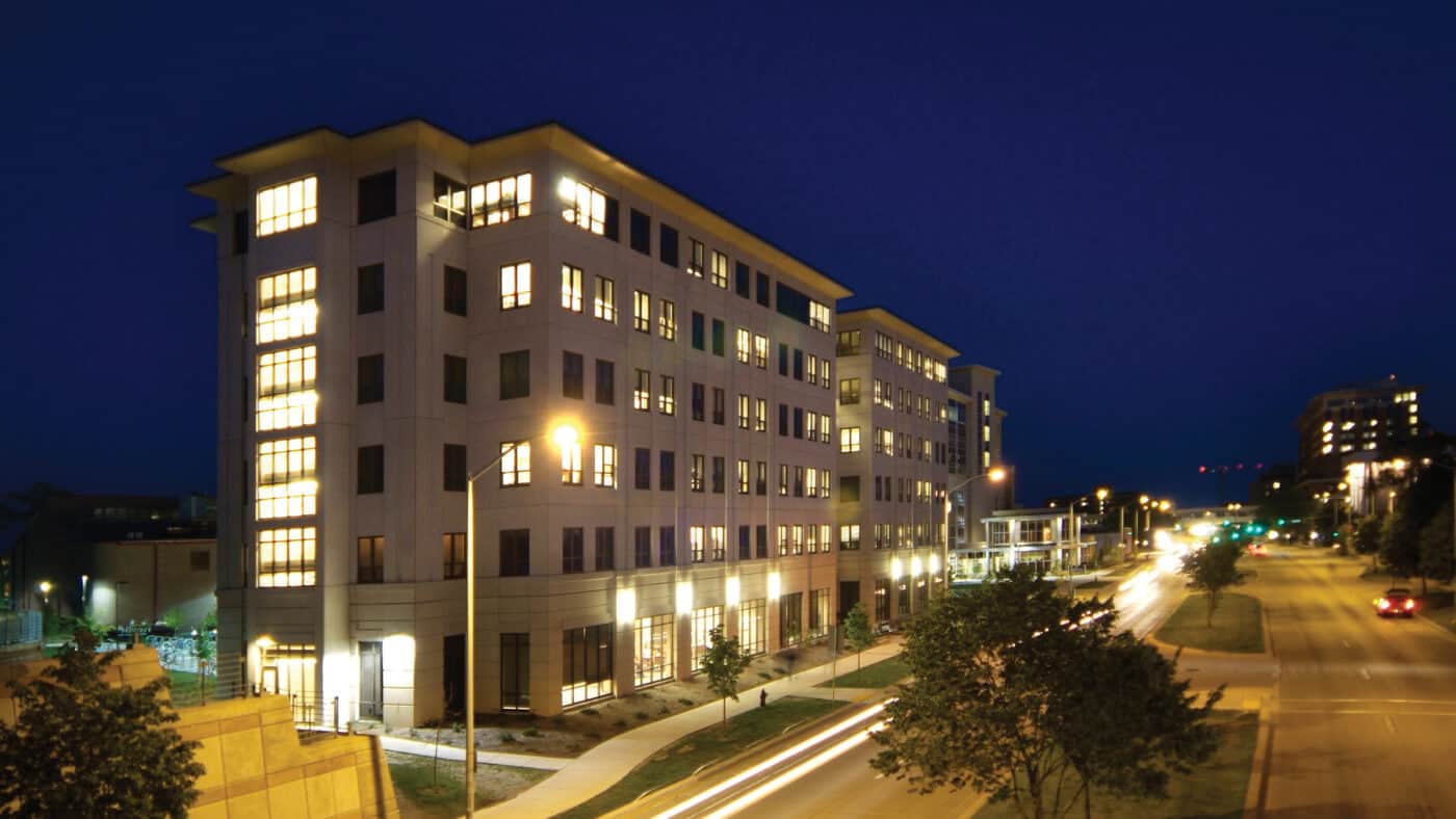 University of Wisconsin - Madison - Newell Smith Residence Hall Exterior View of Bulding, Lit at Night from Street