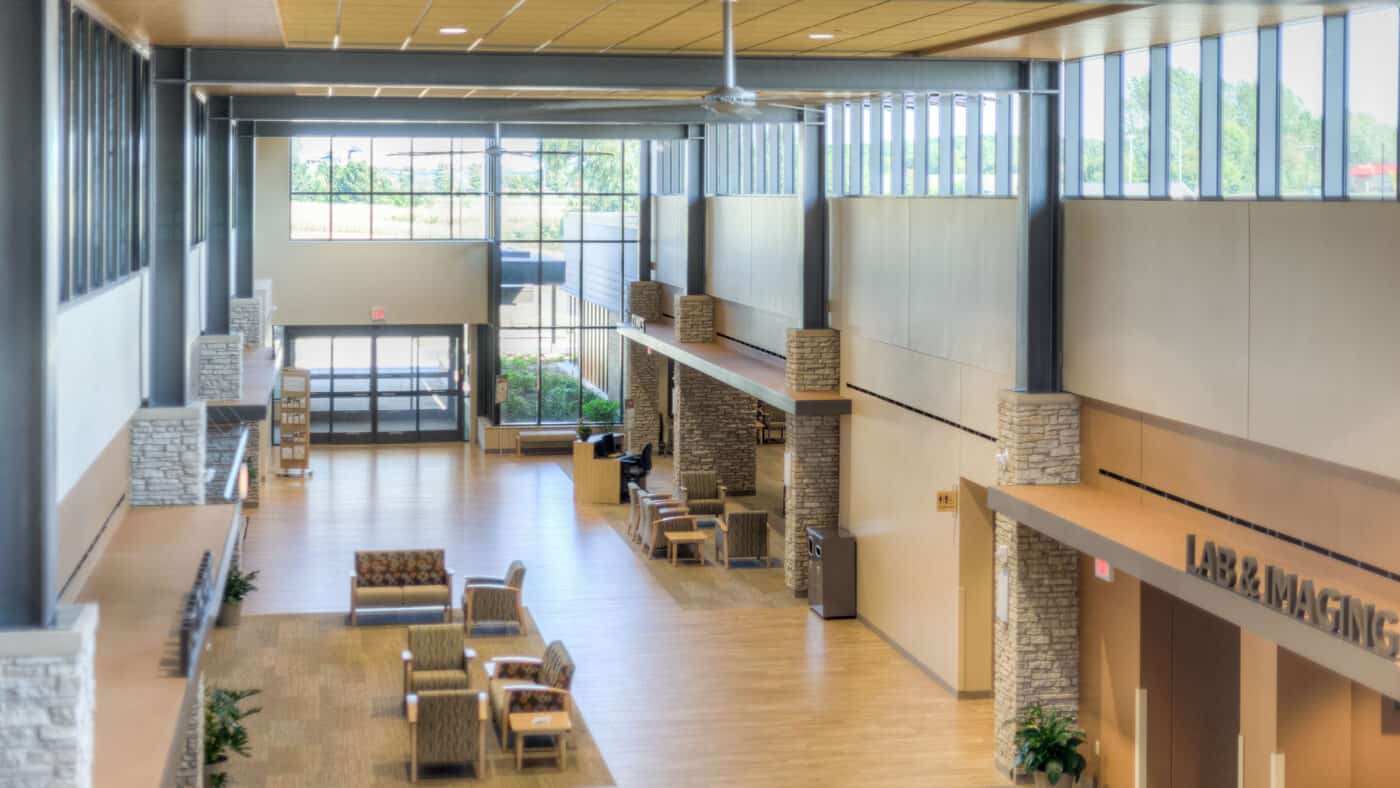 Western Wisconsin Health Hospital Entrance, Corridor, Seating and Entrance to Labs and Imaging Department